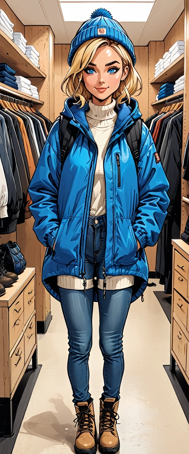((white changing room in the store)), smile, cloth store,fullbody, girl in Blue oversized hoodie and levis (jeans) and black hiking boots and 
winter synthetic vest and winter pants and winter hat in a dynamic pose, adult, [Nordic], Hourglass elongated fitness body, perfect Olive skin, Oval Face, Long neck, Rounded shoulders, perfect hand, Attached Pointed ears, round forehead, (Short blonde Waves pixie hair), snub nose, Arched eyebrows, ((Monolid blue Eyes)), High Round Narrow cheekbones, Dimpled Cheeks, Rounded Chin, Rounded Jawline, Full nude Lips, (blue eyes), Nude Makeup Look, long eyelashes, third breast size, ong slim fitness legs, graphic style of novel comics, perfect hands, 2d, 8k, hyperrealism, masterpiece, high resolution, best quality, ultra-detailed, super realistic, Hyperrealistic art, high-quality, ultra high res, highest detailed, lot of details, Extremely high-resolution details, incredibly lifelike, colourful, soft cinematic light,