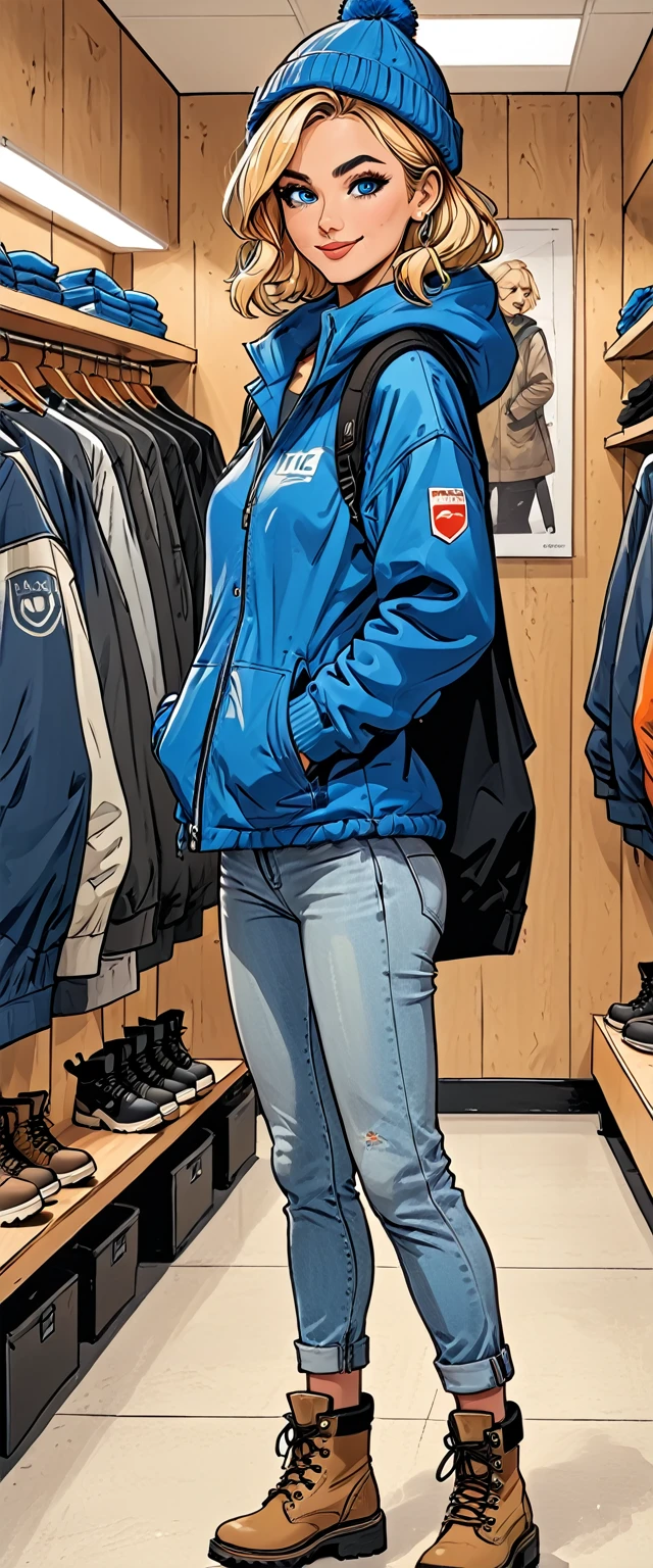 ((white changing room in the store)), smile, cloth store,fullbody, girl in Blue oversized hoodie and levis (jeans) and black hiking boots and 
winter synthetic vest and winter pants and winter hat in a dynamic pose, adult, [Nordic], Hourglass elongated fitness body, perfect Olive skin, Oval Face, Long neck, Rounded shoulders, perfect hand, Attached Pointed ears, round forehead, (Short blonde Waves pixie hair), snub nose, Arched eyebrows, ((Monolid blue Eyes)), High Round Narrow cheekbones, Dimpled Cheeks, Rounded Chin, Rounded Jawline, Full nude Lips, (blue eyes), Nude Makeup Look, long eyelashes, third breast size, ong slim fitness legs, graphic style of novel comics, perfect hands, 2d, 8k, hyperrealism, masterpiece, high resolution, best quality, ultra-detailed, super realistic, Hyperrealistic art, high-quality, ultra high res, highest detailed, lot of details, Extremely high-resolution details, incredibly lifelike, colourful, soft cinematic light,