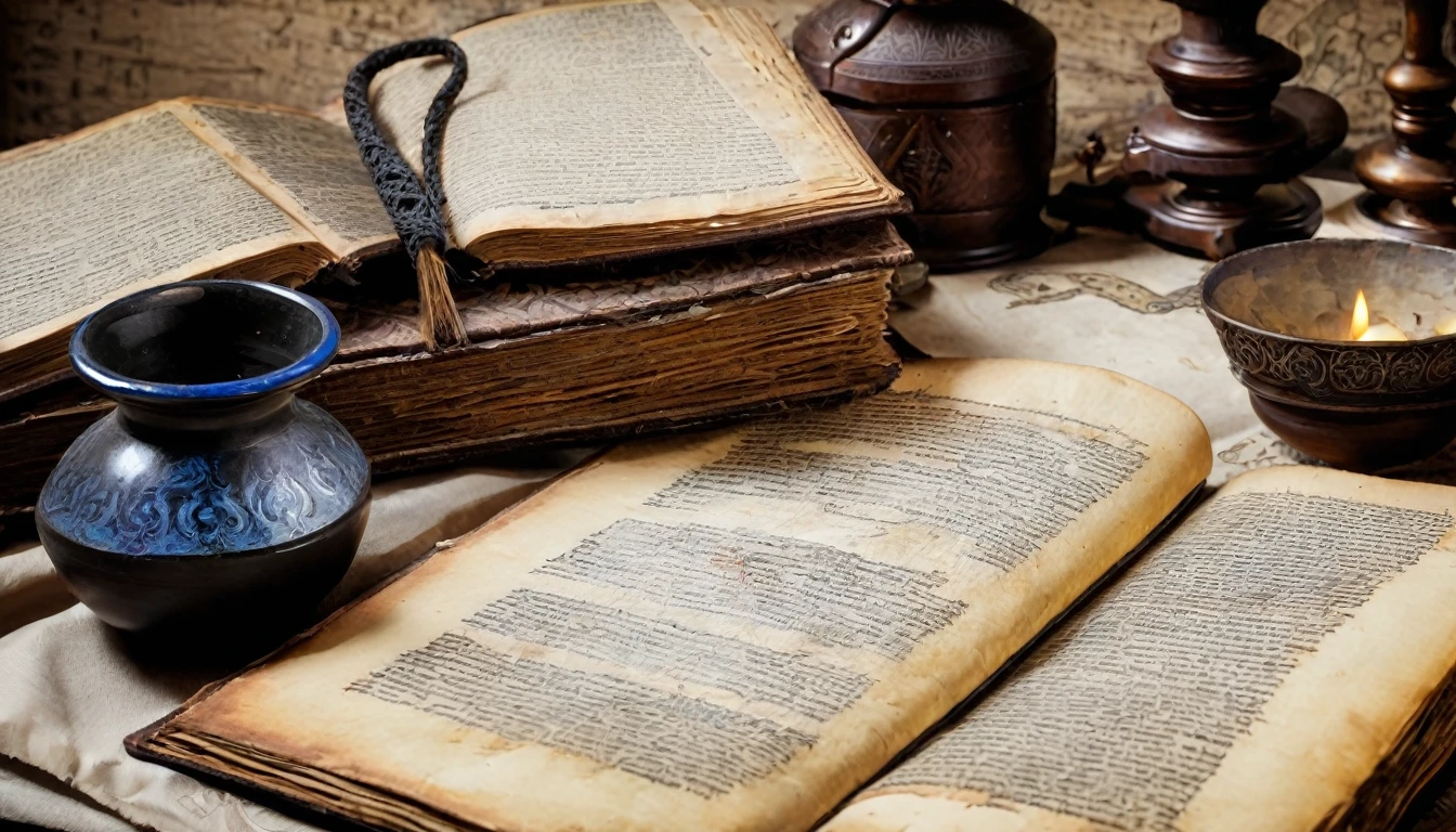 old books, manuscripts, on a table, medieval design, ink painting, on old paper