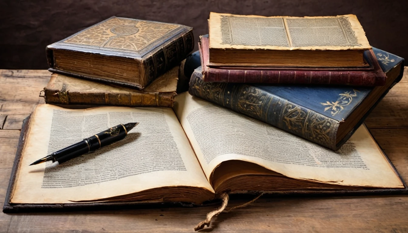 old books, manuscripts, on a table, medieval design, ink painting, on old paper