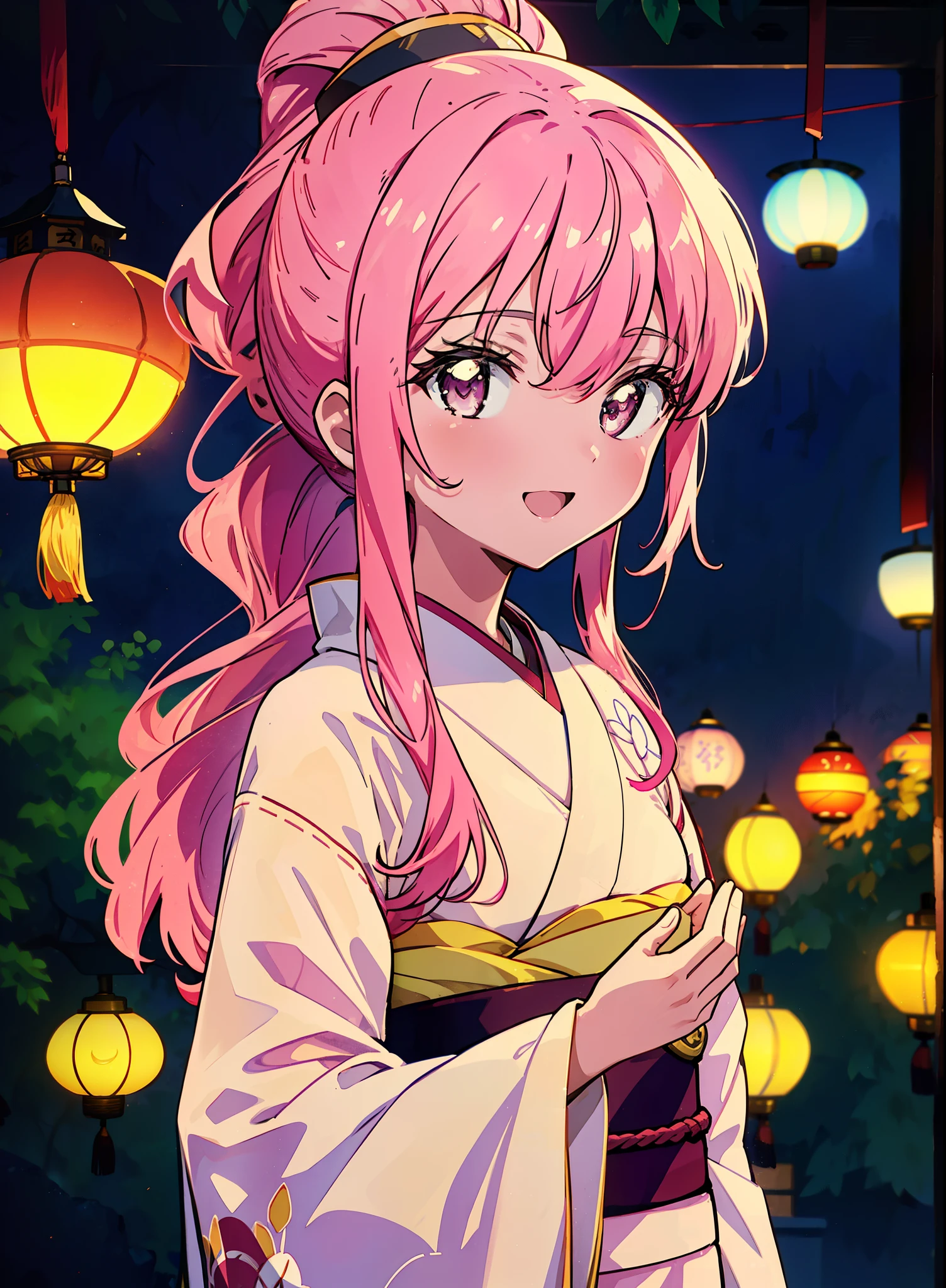 Louise Françoise Le Brun from La V全てiere,Pink Hair,Pink Eyes,Long Hair,ponytail,hair ornaments,happy smile, smile, Open your mouth,White Kimono,Thick sleeves,日本のfestival,夏festivalの屋台,Red Lantern,night,night空のfirework,firework,場所はfirework大会,時間はnightです,sunny day,turn around,まるでwhole bodyがイラストの中にいるかのように,walking,　　　　　　　　　　　　　　　  　　　　　break looking at viewer, whole body, (Cowboy Shot:1. 5),  　　　　　
break outdoors, festival,shrine,
break (masterpiece:1.2), Highest quality, High resolution, unity 8k wallpaper, (shape:0.8), (Beautiful attention to detail:1.6), Highly detailed face, Perfect lighting, Extremely detailed CG, (Perfect hands, Perfect Anatomy),