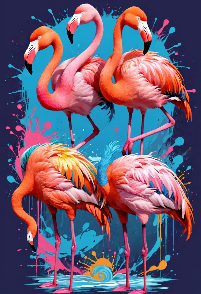 A t-shirt with vector art of a colorful illustration two flamingos, At the center, swirly vibrant colors, paint splashes and smears, high détail, t-shirt designs
(artwork, best quality, proffesional, perfect composition, very aesthetic, absurdrez, super verbose, Intricate details:1.3)