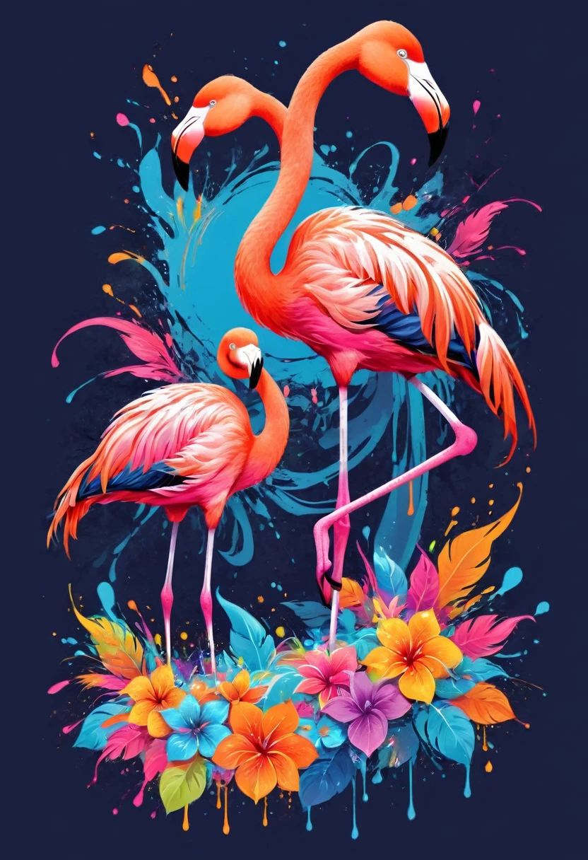 A t-shirt with vector art of a colorful illustration two flamingos, At the center, swirly vibrant colors, paint splashes and smears, high détail, t-shirt designs
(artwork, best quality, proffesional, perfect composition, very aesthetic, absurdrez, super verbose, Intricate details:1.3)