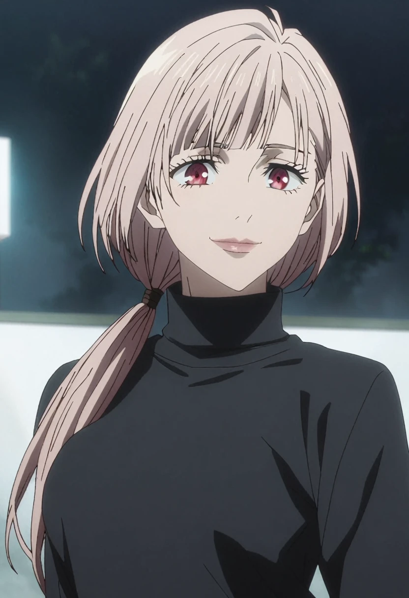 1girl, female gojo satoru, anime screencap from jujutsu kaisen, gojo satoru female version, solo, very long_hair, ((smooth texture hair)) ((red eyes)), ((low ponytail, silver_hair)) night view, breasts, upper_body, smile, bangs, lips ((low ponytail)) wearing black color sweater, breast, "very detailed and high resolution" (red eyes)  ((smooth texture hair)) ((solo)) ((high resolution)) ((upper body)) (Good quality) ,  ((silver hair colour))