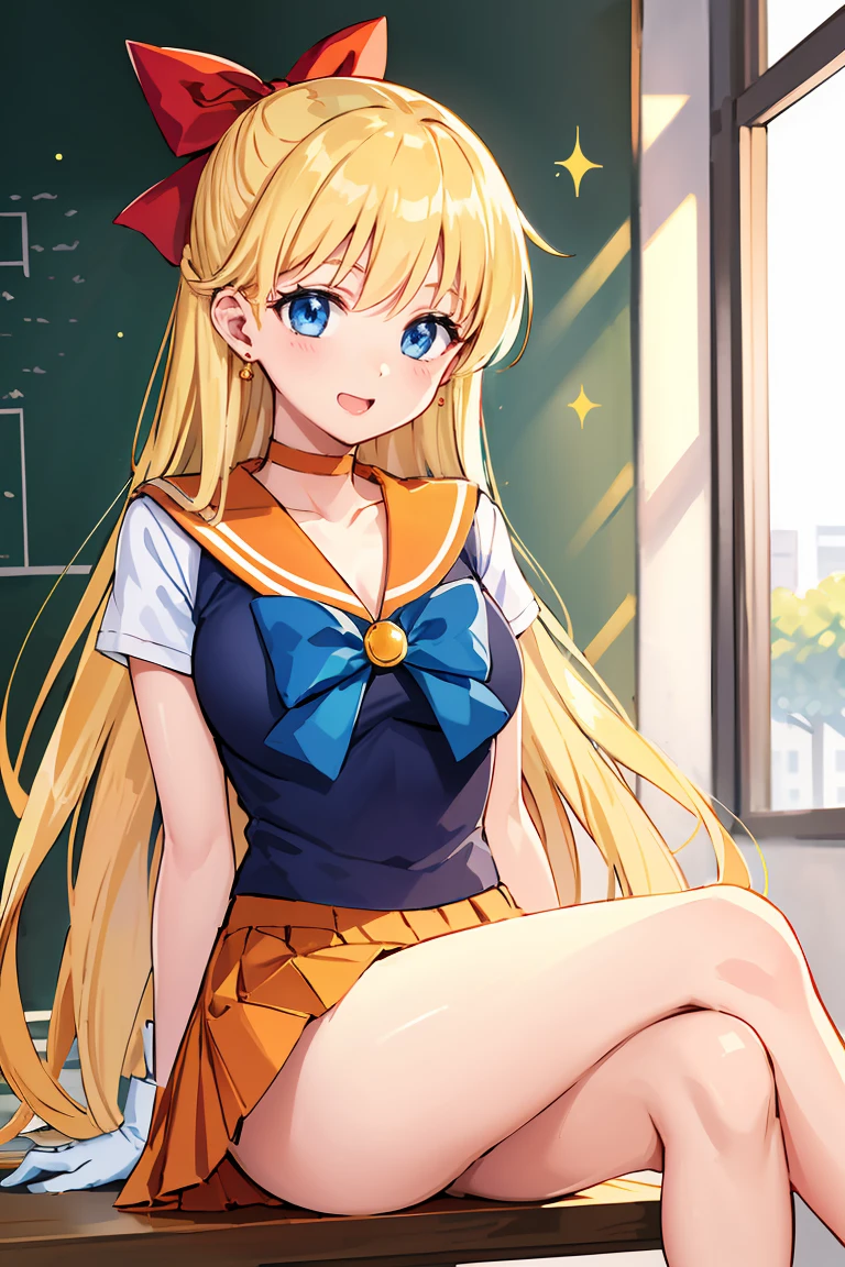 masterpiece, Highest quality, High resolution, Venus 1, One girl, alone, Sailor Warrior Uniforms, Sailor Venus, aino minako, Blonde, Magical girl, blue eyes, Orange Skirt, Elbow hand pockets, tiara, Pleated skirt, Hair Ribbon, Orange sailor collar, mini skirt, choker, Red Bow, orange choker, White gloves, Very long hair,  jewelry,  Earrings, Sitting, Crossing your legs,The background is a school classroom,smile、