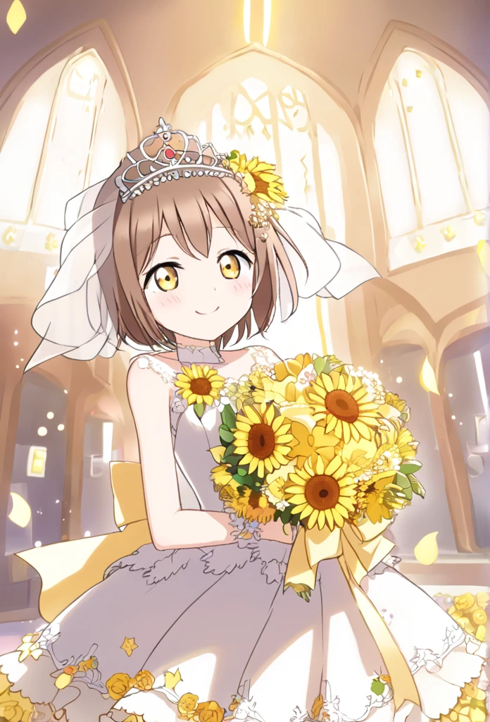 Starry Sky Reddish brown hair Yellow Eyes Very Short Bob Yellow flower hair ornament tiara yellow wedding dress Yellow flower decoration dress church smile Small breasts Shining Tears of joy Yellow flower bouquet