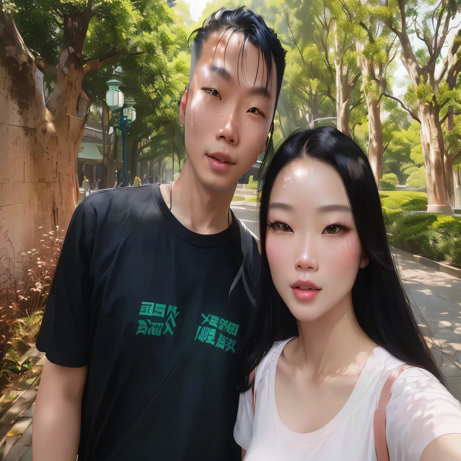 A man and a woman taking selfies in the park, Nguyen Chia and Blom, Ruan Jia and Fenghua Zhong, tyler edlin 和 natasha tan, james jean and fenghua zhong, zeen chin 和 farel dalrymple, jordan grimmer and natasha tan, Liu Zhixiong, In front of forest background