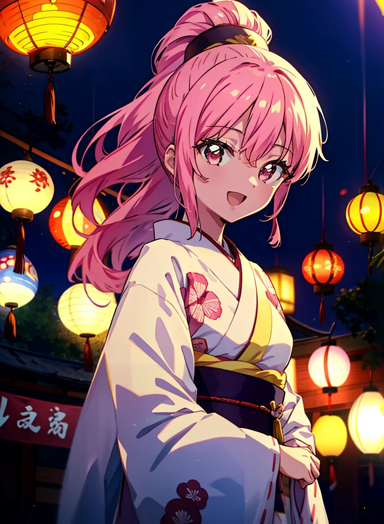 Louise Françoise Le Brun from La V全てiere,Pink Hair,Pink Eyes,Long Hair,ponytail,hair ornaments,happy smile, smile, Open your mouth,White Kimono,Thick sleeves,日本のfestival,夏festivalの屋台,Red Lantern,night,night空のfirework,firework,場所はfirework大会,時間はnightです,sunny day,turn around,まるでwhole bodyがイラストの中にいるかのように,walking,　　　　　　　　　　　　　　　  　　　　　break looking at viewer, whole body, (Cowboy Shot:1. 5),  　　　　　
break outdoors, festival,shrine,
break (masterpiece:1.2), Highest quality, High resolution, unity 8k wallpaper, (shape:0.8), (Beautiful attention to detail:1.6), Highly detailed face, Perfect lighting, Extremely detailed CG, (Perfect hands, Perfect Anatomy),