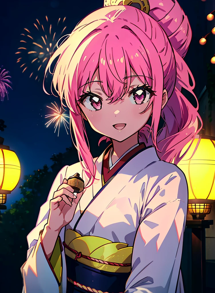 Louise Françoise Le Brun from La V全てiere,Pink Hair,Pink Eyes,Long Hair,ponytail,hair ornaments,happy smile, smile, Open your mouth,White Kimono,Thick sleeves,日本のfestival,夏festivalの屋台,Red Lantern,night,night空のfirework,firework,場所はfirework大会,時間はnightです,sunny day,turn around,まるでwhole bodyがイラストの中にいるかのように,walking,　　　　　　　　　　　　　　　  　　　　　break looking at viewer, whole body, (Cowboy Shot:1. 5),  　　　　　
break outdoors, festival,shrine,
break (masterpiece:1.2), Highest quality, High resolution, unity 8k wallpaper, (shape:0.8), (Beautiful attention to detail:1.6), Highly detailed face, Perfect lighting, Extremely detailed CG, (Perfect hands, Perfect Anatomy),