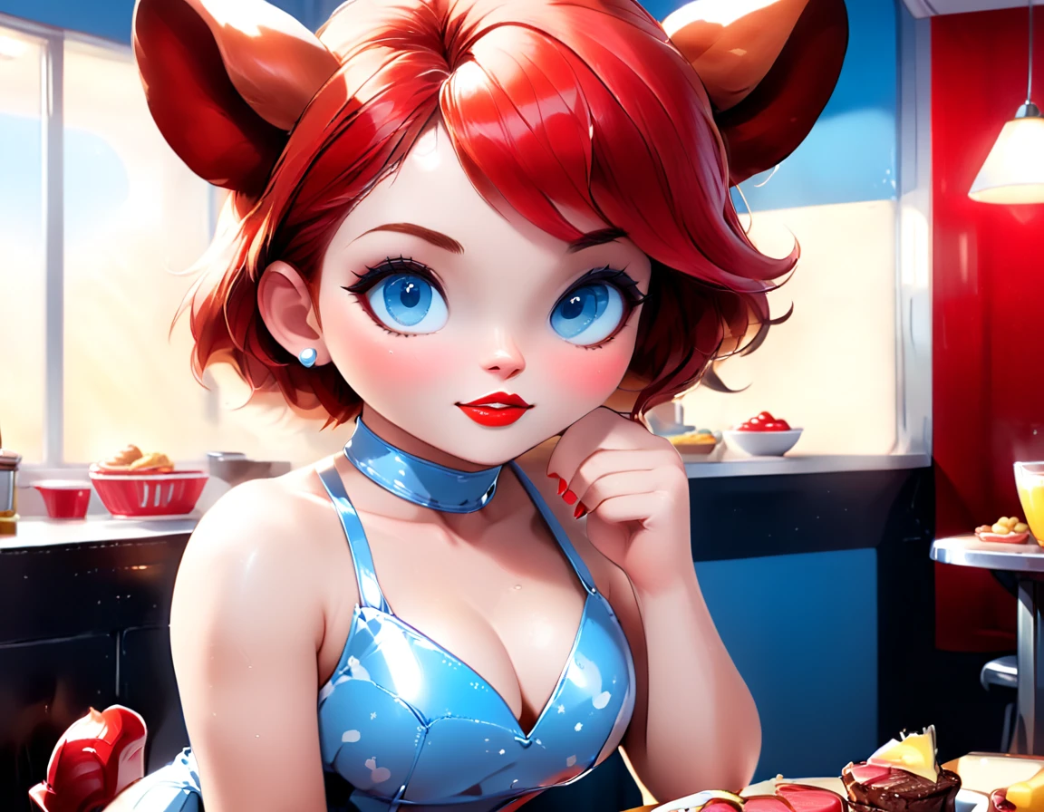 a 3D digital painting picture of extremely beautiful  (anthropomorphic cpw:1.3) serving a big sirloin steak in American diner, an exquisite beautiful female (cow anthropomorphic:1.3), ultra feminine ultra detailed face, red hair, short hair, little fury, red lips, blue eyes, wearing sexy white seductive latex dress, looking at a American  kitchen background,  dynamic angle, , award winning, best quality, high quality, high details, highres, vibrant, Ultra-high resolution, High Contrast, (masterpiece:1.5), highest quality, Best aesthetics, best details, best quality, highres, ultra wide angle, 16k, [ultra detailed], masterpiece, best quality,  photorealistic, 3D rendering, furry