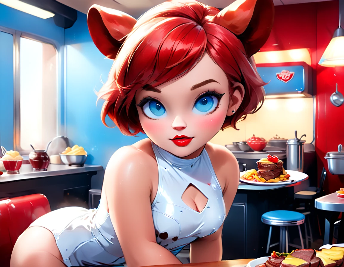 a 3D digital painting picture of extremely beautiful  (anthropomorphic cpw:1.3) serving a big sirloin steak in American diner, an exquisite beautiful female (cow anthropomorphic:1.3), ultra feminine ultra detailed face, red hair, short hair, little fury, red lips, blue eyes, wearing sexy white seductive latex dress, looking at a American  kitchen background,  dynamic angle, , award winning, best quality, high quality, high details, highres, vibrant, Ultra-high resolution, High Contrast, (masterpiece:1.5), highest quality, Best aesthetics, best details, best quality, highres, ultra wide angle, 16k, [ultra detailed], masterpiece, best quality,  photorealistic, 3D rendering, furry