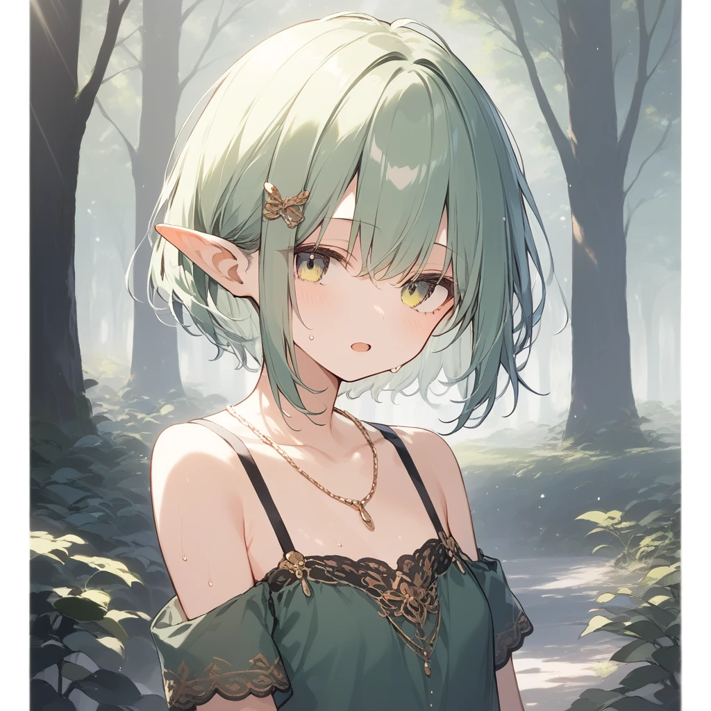 score_9, score_8_up, score_7_up, source_anime, best quality, masterpiece, official art, absurdres, highres, ultra-detailed,waifu2x,Collection: Slice of Life,break,1girl, elf, short hair, slender, androgynous,expressionless, small breasts, beautiful detailed eyes, green shorts, sweat, open mouth, sleepily, outdoors, forest, spring,break,(clear line illustration:1.2), super detailed skin,very high resolution, very aesthetic, Best sexual lighting powered by famous artist, 8k,cute picture,beauty illustration,photoshop_(medium),,(Detailed Lighting),best anime 8k konachan wallpaper, pixiv contest winner, 