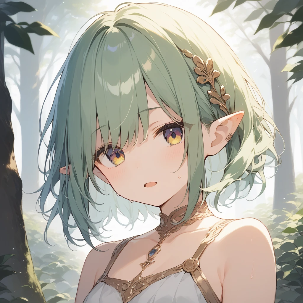 score_9, score_8_up, score_7_up, source_anime, best quality, masterpiece, official art, absurdres, highres, ultra-detailed,waifu2x,Collection: Slice of Life,break,1girl, elf, short hair, slender, androgynous,expressionless, small breasts, beautiful detailed eyes, green shorts, sweat, open mouth, sleepily, outdoors, forest, spring,break,(clear line illustration:1.2), super detailed skin,very high resolution, very aesthetic, Best sexual lighting powered by famous artist, 8k,cute picture,beauty illustration,photoshop_(medium),,(Detailed Lighting),best anime 8k konachan wallpaper, pixiv contest winner,