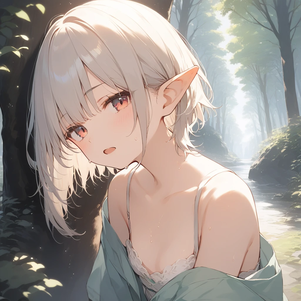 score_9, score_8_up, score_7_up, source_anime, best quality, masterpiece, official art, absurdres, highres, ultra-detailed,waifu2x,Collection: Slice of Life,break,1girl, elf, short hair, slender, androgynous,expressionless, small breasts, beautiful detailed eyes, green shorts, sweat, open mouth, sleepily, outdoors, forest, spring,break,(clear line illustration:1.2), super detailed skin,very high resolution, very aesthetic, Best sexual lighting powered by famous artist, 8k,cute picture,beauty illustration,photoshop_(medium),,(Detailed Lighting),best anime 8k konachan wallpaper, pixiv contest winner, 