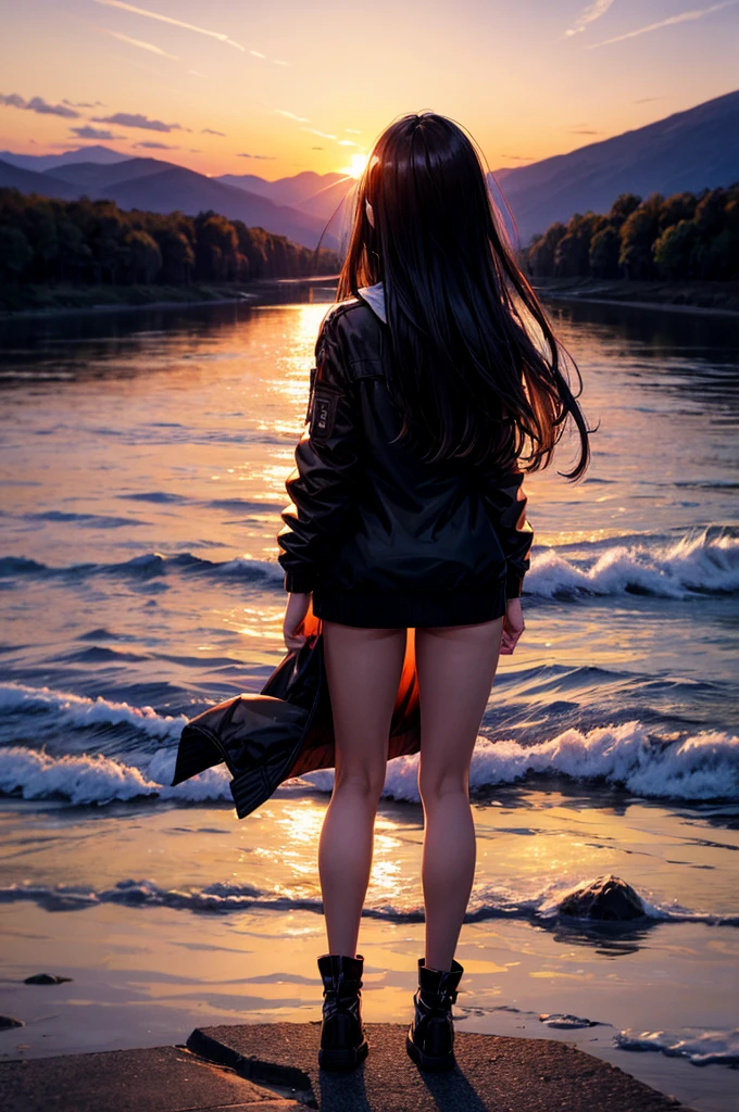 Best image quality, sunset, Sunset, Staring at the sunset, river, Black jacket, Woman showing her butt, Black Hair, Long Hair