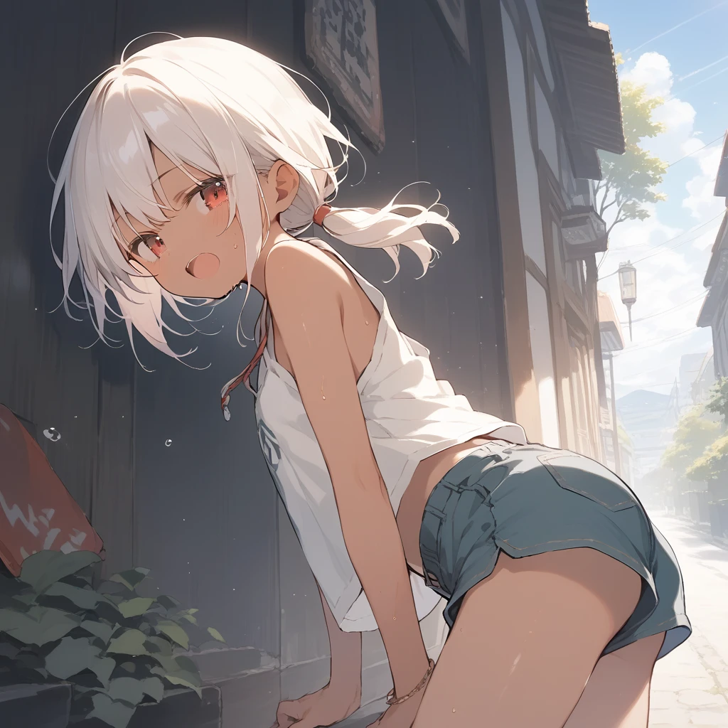 score_9, score_8_up, score_7_up, source_anime, best quality, masterpiece, official art, absurdres, highres, ultra-detailed,waifu2x,Collection: Slice of Life,break,1girl, tomboy, dark-skinned female, short hair, low ponytail, flat chest, beautiful detailed eyes, short shorts, sweat, open mouth, (yawn:0.3), sleepily, outdoors, wind,break,(clear line illustration:1.2), super detailed skin,very high resolution, very aesthetic, Best sexual lighting powered by famous artist, 8k,cute picture,beauty illustration,photoshop_(medium),,(Detailed Lighting),best anime 8k konachan wallpaper, pixiv contest winner,