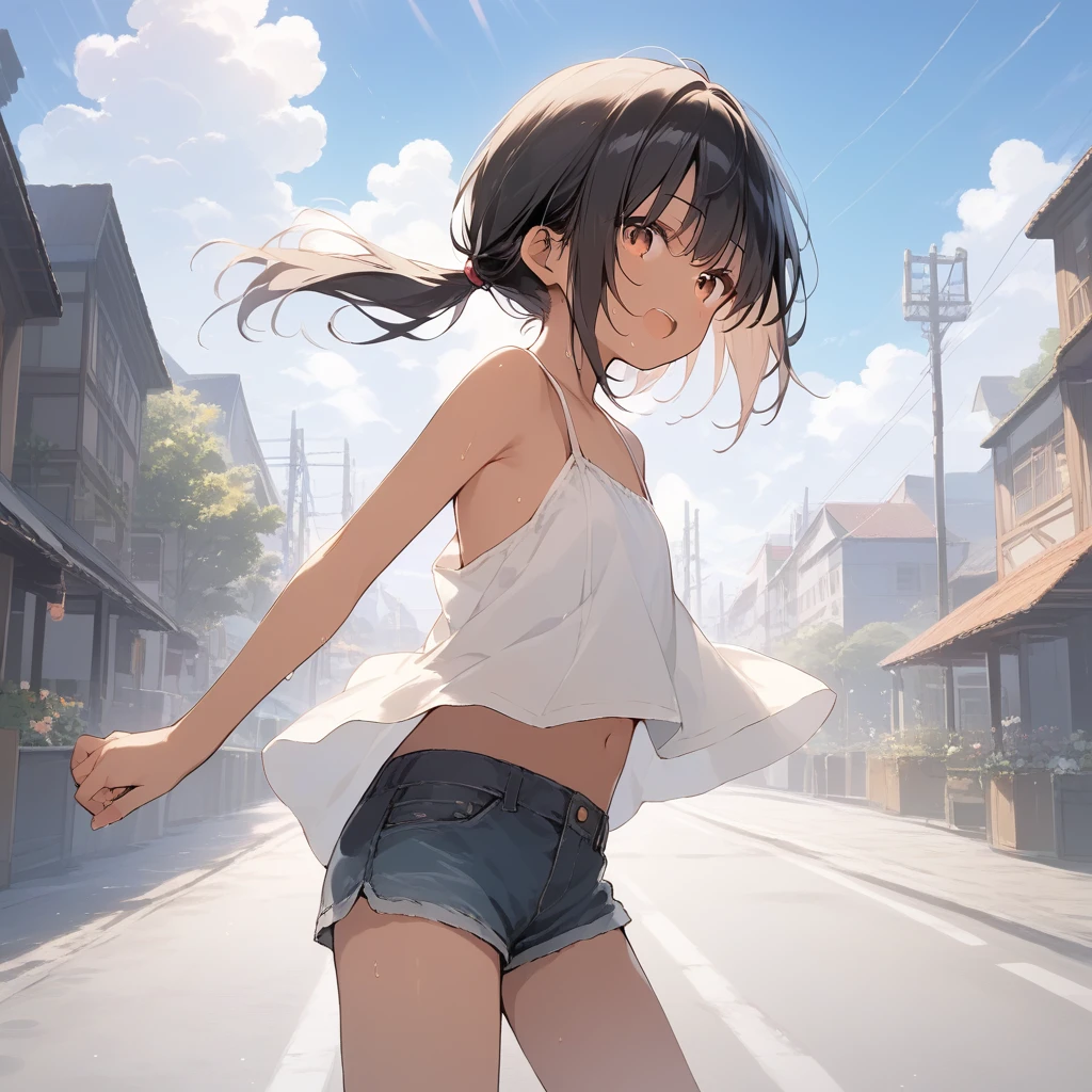score_9, score_8_up, score_7_up, source_anime, best quality, masterpiece, official art, absurdres, highres, ultra-detailed,waifu2x,Collection: Slice of Life,break,1girl, tomboy, dark-skinned female, short hair, low ponytail, flat chest, beautiful detailed eyes, short shorts, sweat, open mouth, (yawn:0.3), sleepily, outdoors, wind,break,(clear line illustration:1.2), super detailed skin,very high resolution, very aesthetic, Best sexual lighting powered by famous artist, 8k,cute picture,beauty illustration,photoshop_(medium),,(Detailed Lighting),best anime 8k konachan wallpaper, pixiv contest winner, 