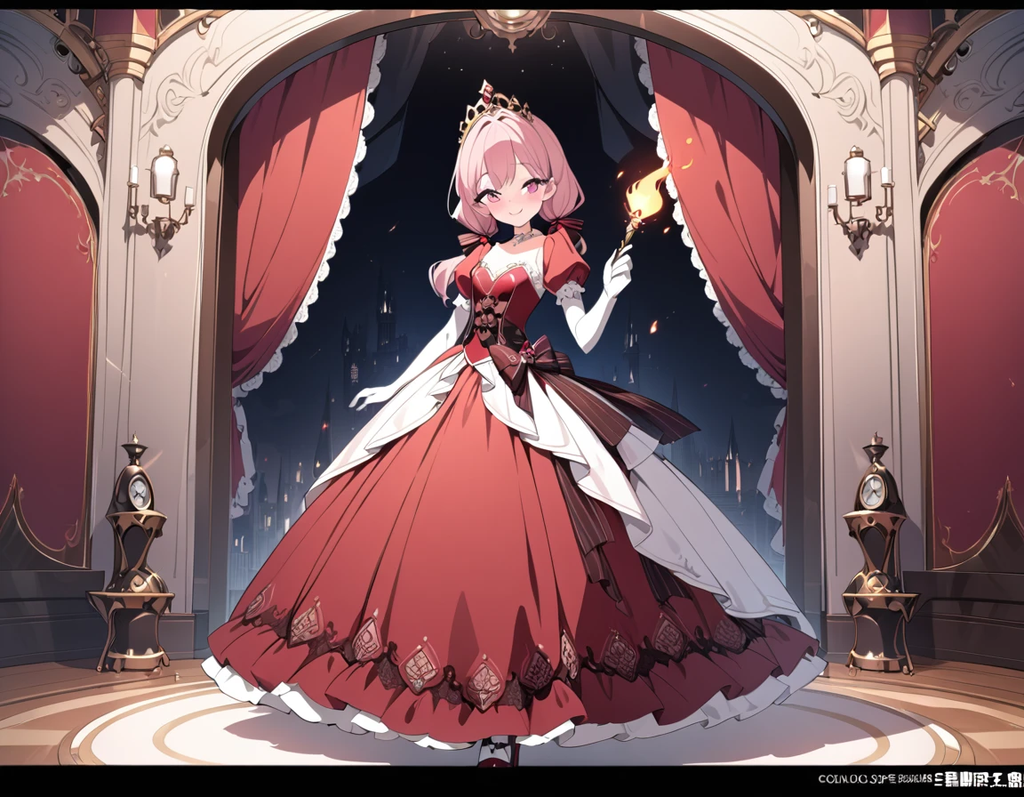 (best quality,4k,8k,highres,masterpiece:1.2),ultra-detailed, steampunk settings, Pretty princess, drawn in anime style, she’s cute and joyful, smiling, long red pigtails hair, pink eyes, small breast, lipstick, makeup, pink eyeshadow, long eyelashes, dainty and delicate body, red princess gown with puffy sleeves, physically-based rendering,gorgeous dress design,flowing gown,elaborate lace details,rich textures,contrast stitching,delicate ribbon bows,floral accents,long maxi skirt,short sleeves,fitted waistline,lace-up back,luxurious fabrics,flawless silhouette, petticoat, bustle, corset, hair ribbons, white elbow gloves, ruby earrings and necklace, gold tiara, high heels, holding a magic fire wand, standing in princess bedroom with lacy curtains and red floral wallpaper.
