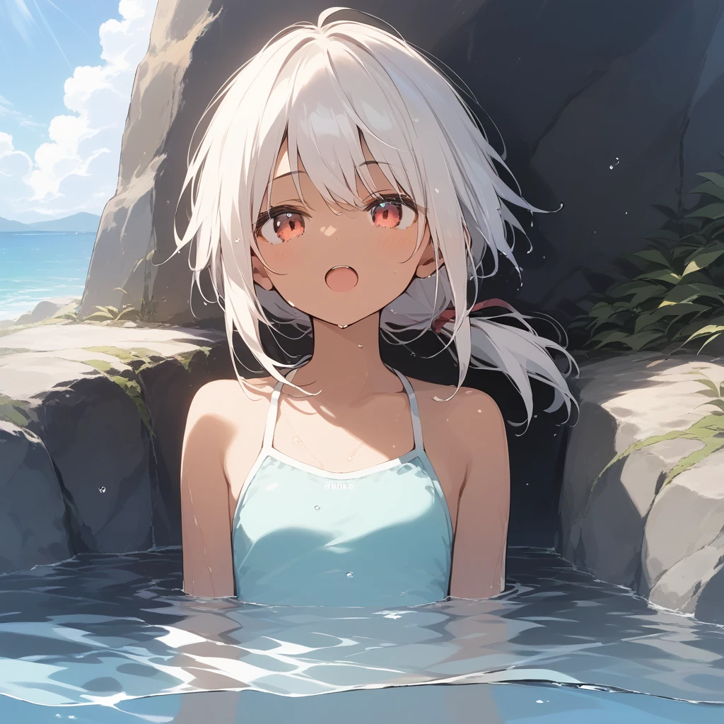 score_9, score_8_up, score_7_up, source_anime, best quality, masterpiece, official art, absurdres, highres, ultra-detailed,waifu2x,Collection: Slice of Life,break,1girl, tomboy, dark-skinned female, short hair, low ponytail, flat chest, beautiful detailed eyes, swimsuit, wet, open mouth, (yawn:0.3), sleepily, water, outdoors, wind,break,(clear line illustration:1.2), super detailed skin,very high resolution, very aesthetic, Best sexual lighting powered by famous artist, 8k,cute picture,beauty illustration,photoshop_(medium),,(Detailed Lighting),best anime 8k konachan wallpaper, pixiv contest winner,