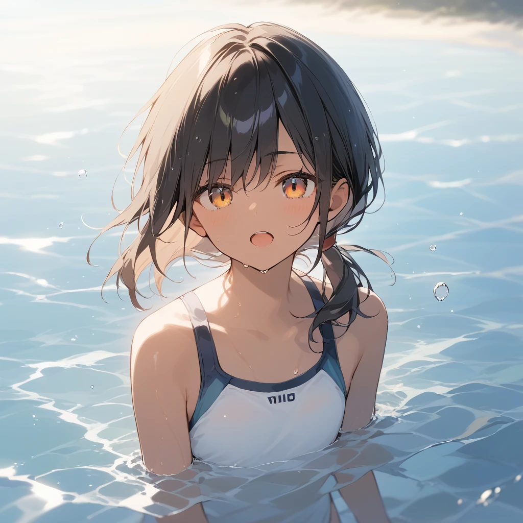 score_9, score_8_up, score_7_up, source_anime, best quality, masterpiece, official art, absurdres, highres, ultra-detailed,waifu2x,Collection: Slice of Life,break,1girl, tomboy, dark-skinned female, short hair, low ponytail, flat chest, beautiful detailed eyes, swimsuit, wet, open mouth, (yawn:0.3), sleepily, water, outdoors, wind,break,(clear line illustration:1.2), super detailed skin,very high resolution, very aesthetic, Best sexual lighting powered by famous artist, 8k,cute picture,beauty illustration,photoshop_(medium),,(Detailed Lighting),best anime 8k konachan wallpaper, pixiv contest winner,