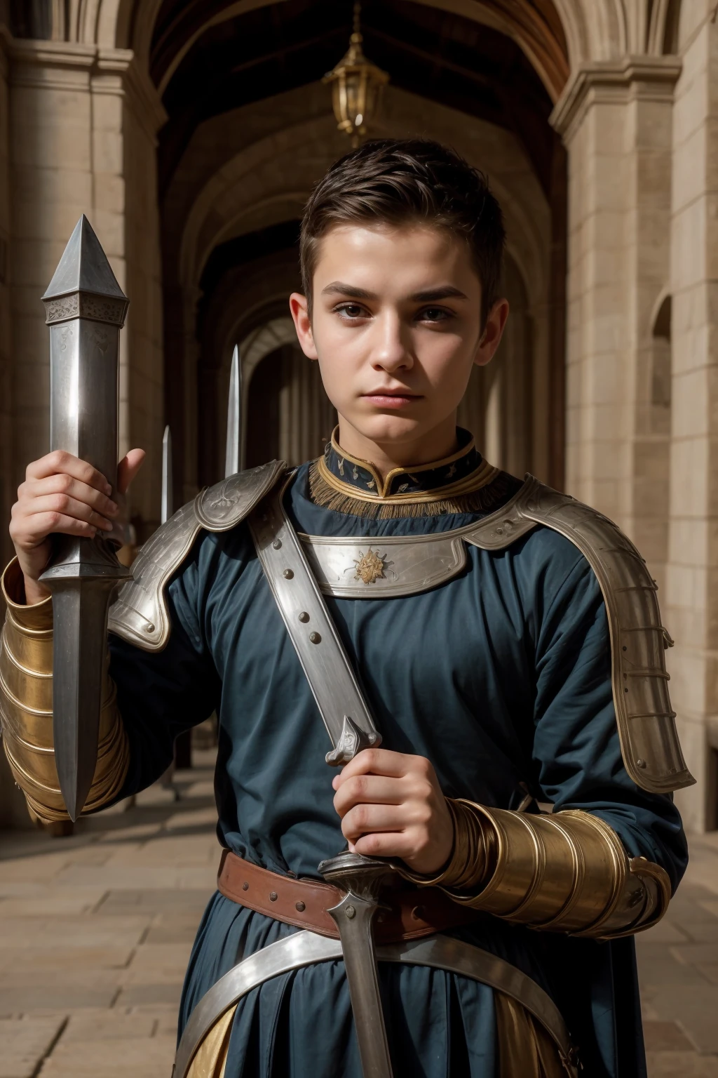 A cute male twink with a make-up face and black hair, wearing medieval combat clothing, in the royal palace, holding two iron swords in his hands.