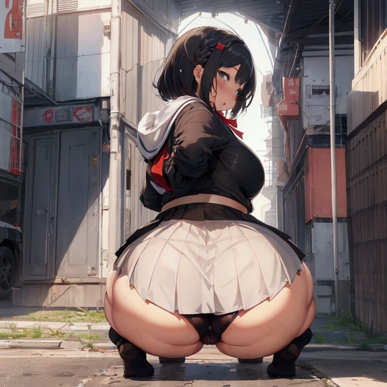 Anime girl in skirt and shirt kneeling on the street,(Hands on hips),(Put your hands on your hips),Beautiful anime girl crouching, Anime girl crouching, a hyperRealistic , hyperRealistic , , chic, Realistic アニメ 3 d style, 3 d アニメ Realistic, Realistic , Enchanting anime girl, photoRealistic アニメ, Gwaiz,(masterpiece), (One serious civil service commissioner: 1.3), (Super thick and plump body: 1.3), (Huge breasts and buttocks)), (Small Head: 1.2), (Very small uniform)), (Shiny skin: 1.2), (A speech while crouching in the stands in the schoolyard in the morning)), {fat},1boy, penis, doggystyle, from behind, spreadassms, chubby body, fat body, short,ultra detailed, masterpiece, best quality, blush, a woman, rolling eyes, open mouth, school girl, wearing , wearing glasses, classroom, sunset, light particles, hdr, brown grey hair, midium wavy hair, shiny hair, bang, single braid, clear grey eyes, Smiling Kiss, Tongue Out, アニメ ,orgasm face, sexual climax, bitch, back shot, back view, low angle, from below, back view, arched back, looking back, all fours, chubby body, BIG ASS , saliva, BBW, slender waist, anal, seiza, hands on head,white eyes, Hand Drawn, Showing Ass, Bobcut, Knee socks, (Super thick and plump body: 1.3), Butt sticking out, Close your legs, seiza, spread legs, pleated skirt, Stretch your arms back, long pleated skirt, I can't see your butt, Buttocks hide, Arms folded behind back, Super big butt, Awesome numbness , Plump , Chubby, Butt sticking out,