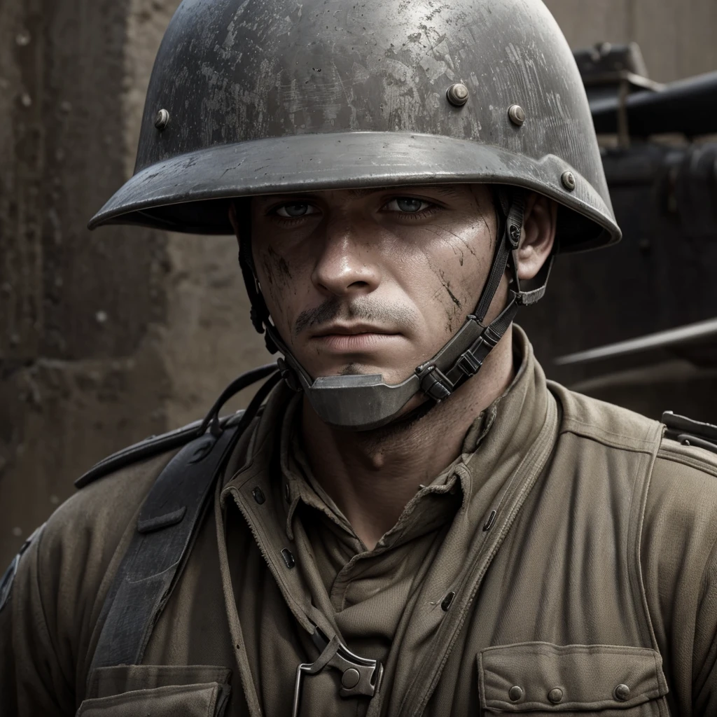 Soldiers, dirty face after the battlefield,  gray dirty WWII uniform , helmet, Dirty clothes, battlefield, tired face. age 30 years, Grey eyes ,detailed realistic uniform , Best quality ,excellent art, realism, heavy oppressive atmosphere, drawing small details, World War II military uniform. Planes
