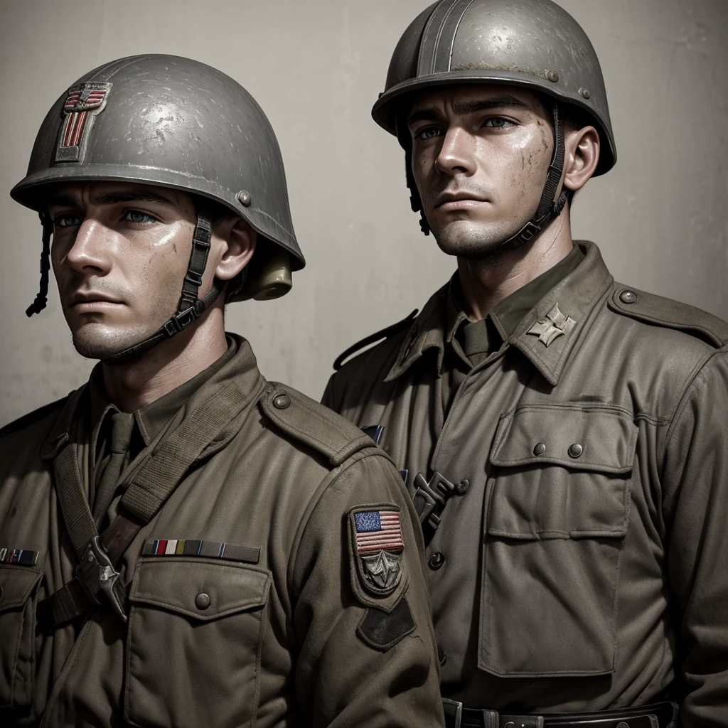Soldiers, dirty face after the battlefield, gray dirty WWII uniform , helmet, Dirty clothes, battlefield, tired face. age 30 years, Grey eyes ,detailed realistic uniform , Best quality ,excellent art, realism, heavy oppressive atmosphere, drawing small details, World War II military uniform. Planes