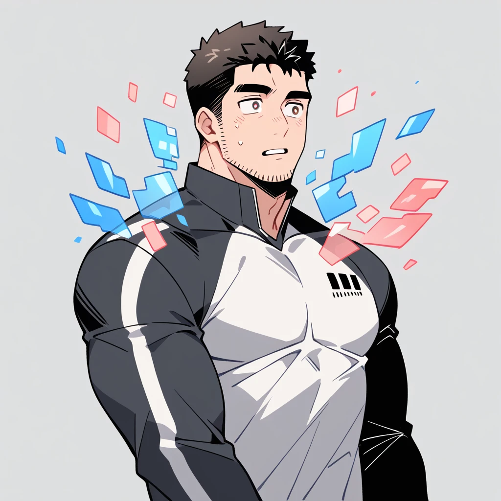 anime characters:Chris Redfield, Muscle Sports Student, Buzz Cut, Manliness, male focus, Dark black high collar long sleeve tight T-shirt, Slightly transparent material, Very tight, Round, full and perky chest muscles, muscular male, muscular, only, Upper body, alone, Black short hair, Thick eyebrows, stubble, Brown-red pupils, Grey background, simple background, amazing quality, best aesthetics, Ridiculous, crew cut, parted lips, flustered, endured face, best quality