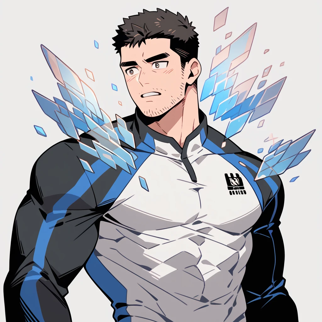 anime characters：Chris Redfield, Muscle Sports Student, Buzz Cut, Manliness, male focus, Dark black high collar long sleeve tight T-shirt, Slightly transparent material, Very tight, Round, full and perky chest muscles, muscular male, muscular, only, Upper body, alone, Black short hair, Thick eyebrows, stubble, Brown-red pupils, Grey background, simple background, amazing quality, best aesthetics, Ridiculous, crew cut, parted lips, flustered, endured face, best quality