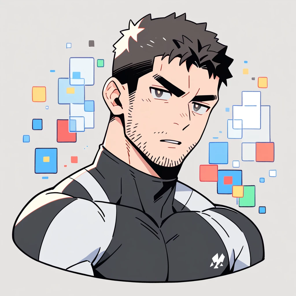 anime characters：Chris Redfield, Muscle Sports Student, Buzz Cut, Manliness, male focus, Dark black high collar long sleeve tight T-shirt, Slightly transparent material, Very tight, Round, full and perky chest muscles, muscular male, muscular, only, Upper body, alone, Black short hair, Thick eyebrows, stubble, Brown-red pupils, Grey background, simple background, amazing quality, best aesthetics, Ridiculous, crew cut, parted lips, v-shaped eyebrows, jitome, best quality