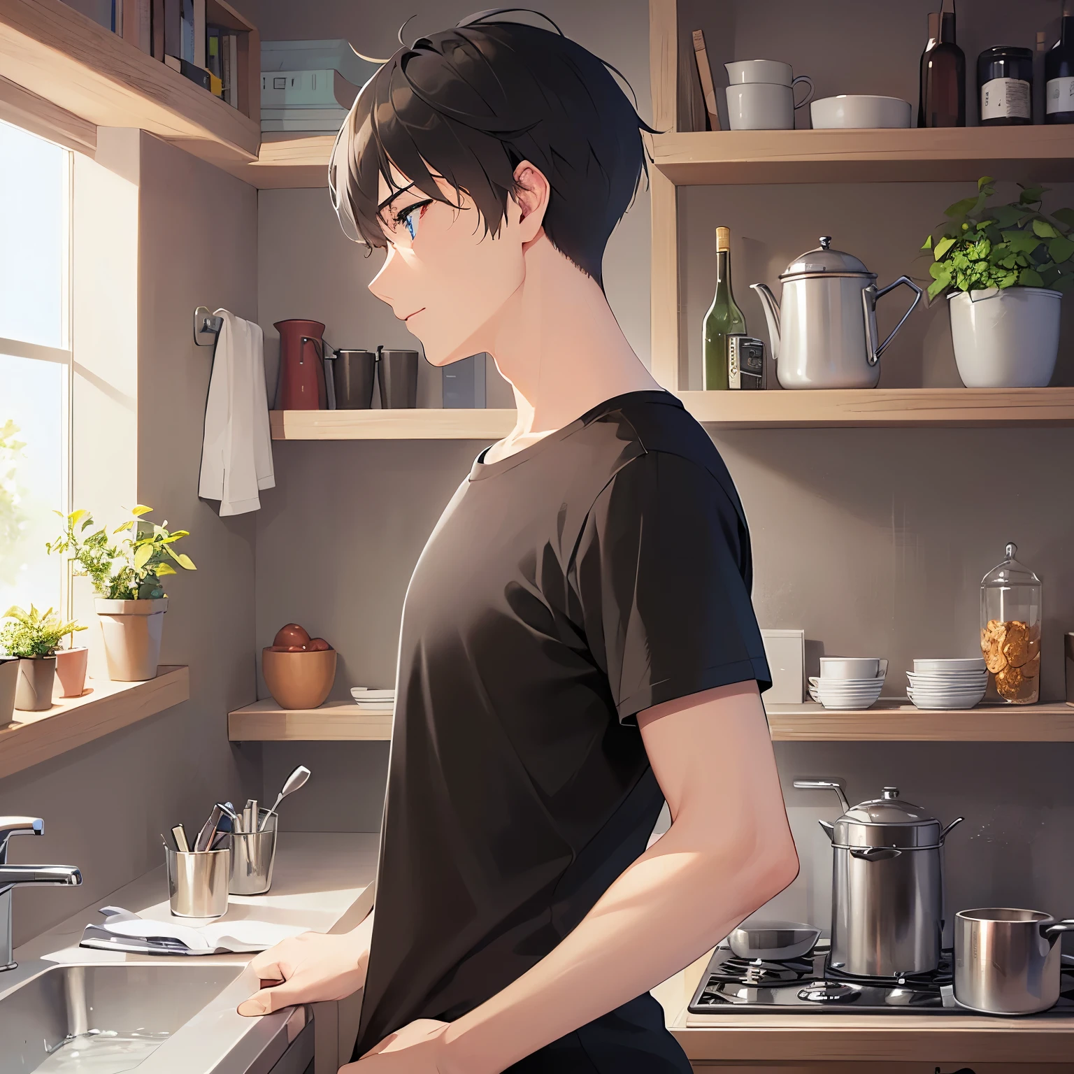 (alone:1.5)、Side shot、profile、
shiny skin, masterpiece、Highest quality、(25-year-old male:1.5) and (Black short hair) and (blue eyes)
(black) and (T-Shirts),serious、
The background is the kitchen at night、Chopping vegetables