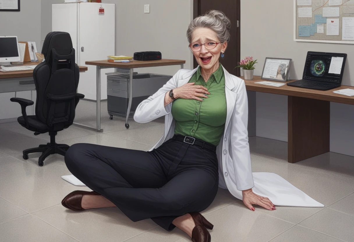 sitting on floor leaning back on hands chest thrust out in office alonehyperrealistic art cinematic film still lower angle photography in the style of detailed hyperrealism photoshoot . (widehips) Extremely high-resolution details, photographic, realism pushed to extreme, fine texture, incredibly, elderly frail woman, medium length grayahir with darkbrown hairroots, (lab coat with green blouse and black pants), blushing smile, clutching chest ((headback_moaning_openmouth))