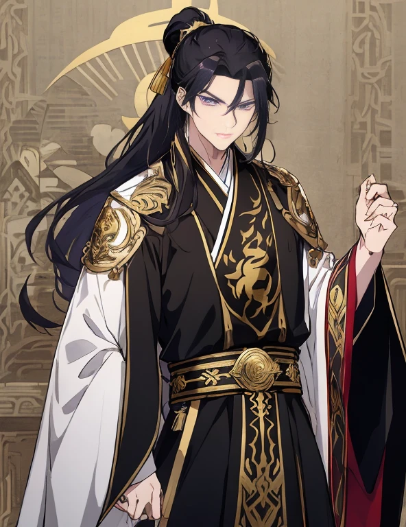 style of anime, one guy, proportions are correct, sword hanging on waist belt, Neck details, thereis adam's apple, face details, hair detail, eyes detail, Purple Eyes with a gold ring, Handsome, Handsome Clothing very grand and complicated, Male, Long hair that touches the small of his back , Curtain Bangs, Half updo, Sharp small nose, Long eyelashes, Simple small fire tattoo on forehead, Small plump bow like lips, Wears eyeliner, Tall, Broad shoulders, Not much muscle more on the lean side but enough muscle that shows he works out, Small waist, 1 small scar below his throat, Expression Intimidating scowl/glare but beautiful, Expensive ancient Chinese Robes black and gold with silver embroidery, Sleeves closed with armguards, Over robe is billowy and fluttery Black with Gold outlined seems and inners and silver embroidery, Expensive durable cultivation shoes with 3inch heels black with gold embroidery, high quality, refinement, a lot of details, background at castle training grounds, serious atmosphere
