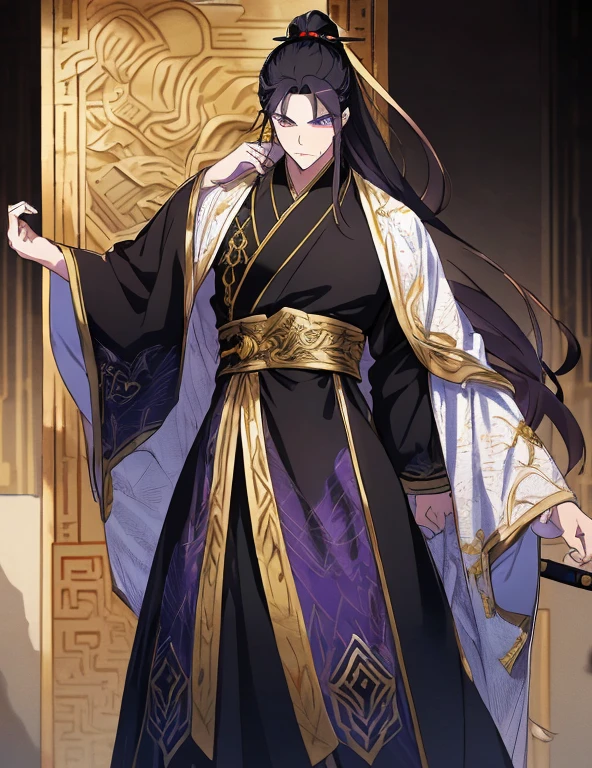 style of anime, one guy, proportions are correct, sword hanging on waist belt, Neck details, thereis adam's apple, face details, hair detail, eyes detail, Purple Eyes with a gold ring, Handsome, Handsome Clothing very grand and complicated, Male, Long hair that touches the small of his back , Curtain Bangs, Half updo, Sharp small nose, Long eyelashes, Simple small fire tattoo on forehead, Small plump bow like lips, Wears eyeliner, Tall, Broad shoulders, Not much muscle more on the lean side but enough muscle that shows he works out, Small waist, 1 small scar below his throat, Expression Intimidating scowl/glare but beautiful, Expensive ancient Chinese Robes black and gold with silver embroidery, Sleeves closed with armguards, Over robe is billowy and fluttery Black with Gold outlined seems and inners and silver embroidery, Expensive durable cultivation shoes with 3inch heels black with gold embroidery, high quality, refinement, a lot of details, background at castle training grounds, serious atmosphere
