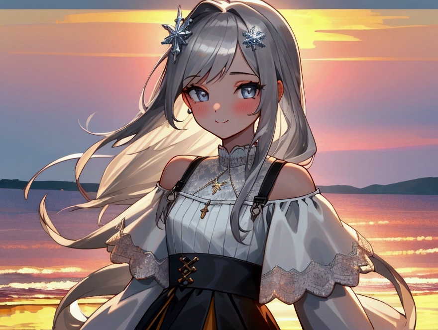 ((masterpiece, high quality)),((4k, highly detailed beautiful cute eyes, detailed sunset)),1girl standing at a beach side, looking at viewer, white skin, slightly parted gentle smile, silver long-hair, grey-bluish eyes, slender physique with naturally proportioned upper body, small-diamond snowflake necklace, white off-shoulder straps ruffled blouse, greyish high-waisted a-line mini skirt with lace trim.