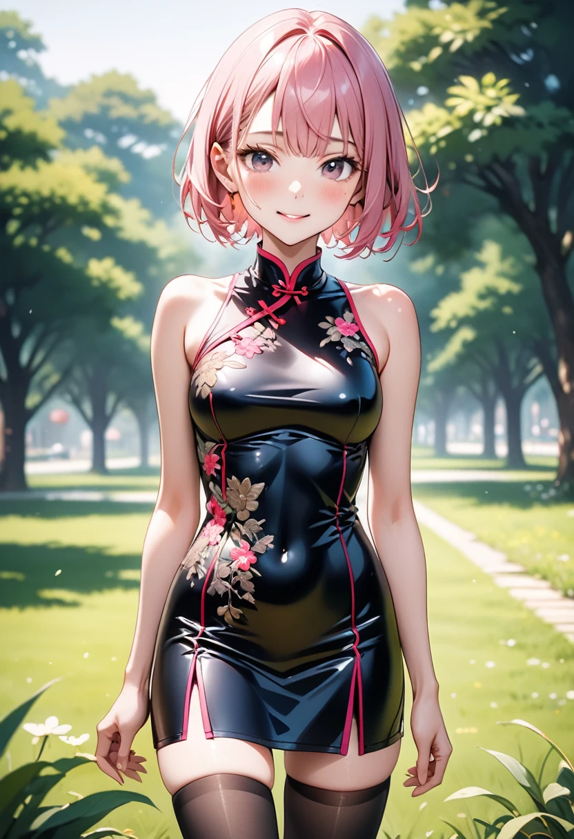 ((A Chinese dress with flashy embroidery)), Metallic Outfit, (The hem of the costume is long), (Black pantyhose), skinny, solo, 1 woman, Masterpiece, highest quality, highest quality, 16K, incredibly absurd, highly detailed, 2.5D, ai-generated, delicate and dynamic, very delicate facial expressions, delicate eye depiction, erotic, only sexy woman, ((A cute and kind face)), healthy figure, ((25-year-old woman)), 160cm tall, medium firm swaying bust, (short hair), (pink hair:1.5), bob cut, black eye, blush, Sweat,Embarrassed,sexy, ((thin thighs)), (camel toe:0.8), (Erect nipples:0.9), (visible nipples:0.7), ((shiny and lustrous)), facing straight at viewer, smile, (standing), cowboy shot, ((arm at side)), Large park, daytime, bright, on the grass,