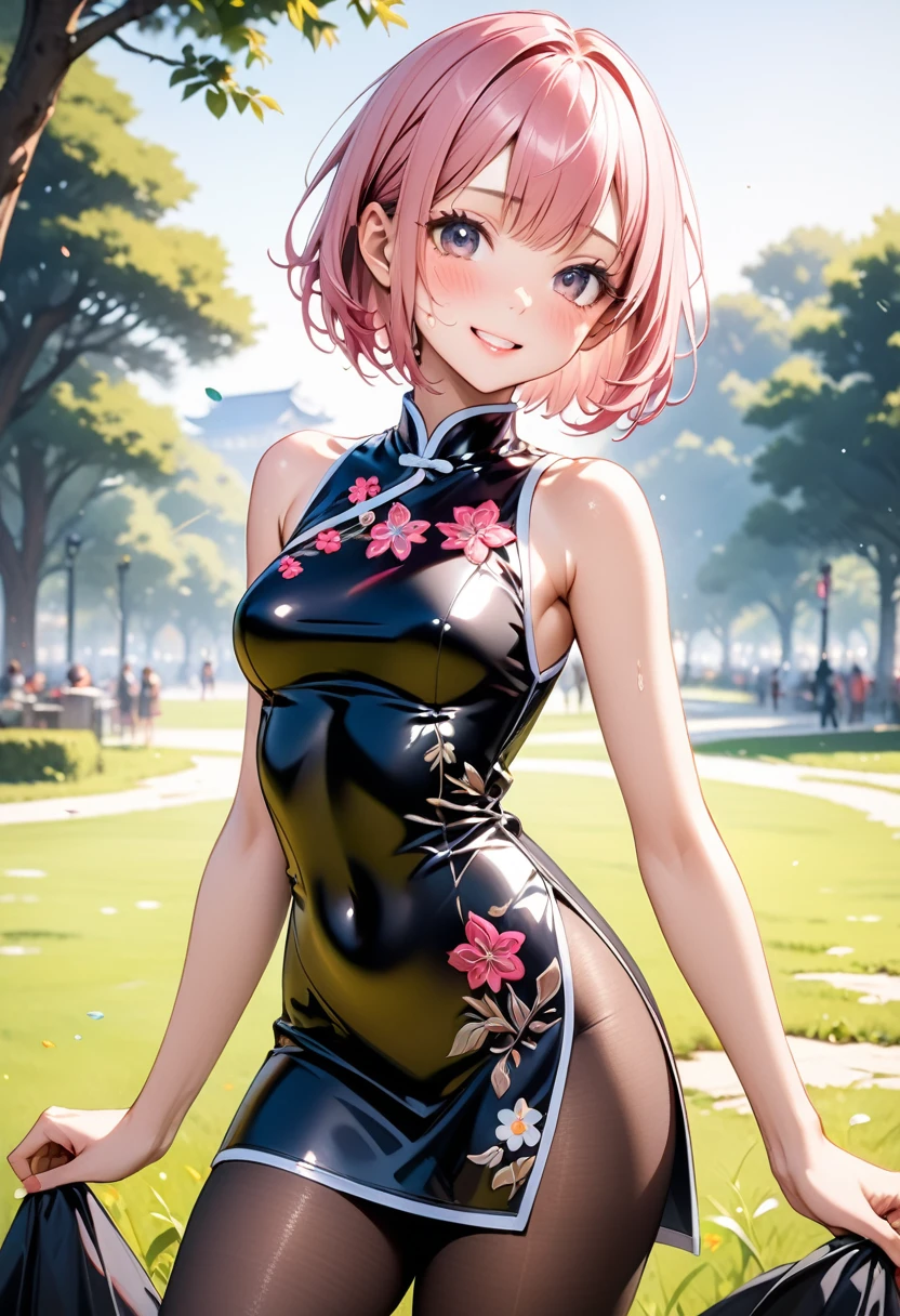((A Chinese dress with flashy embroidery)), Metallic Outfit, (The hem of the costume is long), (Black pantyhose), skinny, solo, 1 woman, Masterpiece, highest quality, highest quality, 16K, incredibly absurd, highly detailed, 2.5D, ai-generated, delicate and dynamic, very delicate facial expressions, delicate eye depiction, erotic, only sexy woman, ((A cute and kind face)), healthy figure, ((25-year-old woman)), 160cm tall, medium firm swaying bust, (short hair), (pink hair:1.5), bob cut, black eye, blush, Sweat,Embarrassed,sexy, ((thin thighs)), (camel toe:0.8), (Erect nipples:0.9), (visible nipples:0.7), ((shiny and lustrous)), facing straight at viewer, smile, (standing), cowboy shot, ((arm at side)), Large park, daytime, bright, on the grass,