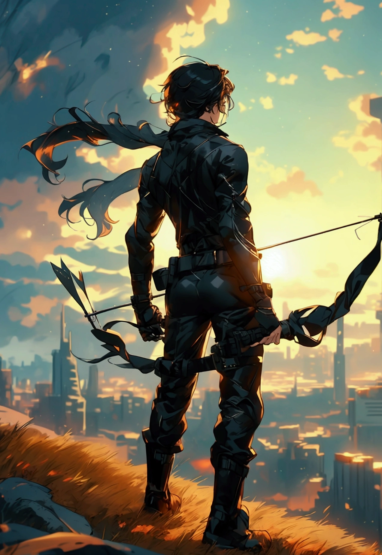 Imagine Kaizo standing in a scenic landscape, maybe on a hill overlooking a futuristic cityscape or in a dense forest with towering trees. He's wearing a sleek black jumpsuit with a utility belt around his waist, carrying his trusty bow and arrow (which can transform into guns). His hair is messy and wind-swept, and his eyes are gazing intently into the distance.