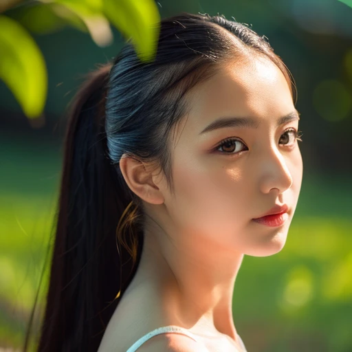 Frontal photo of Araffe woman, 25 30 years old, Wear a dark yellow shirt., Wear a bright yellow shirt., Looking straight at you intently, ponytail, Long hair floats up, Long-haired woman with a round face, Red cheeksแดงอมชมพู, black eyes ตาสองชั้น, black eyes, Thai anime, Has a large chest size of 38 inches., (digital painting, HDR, high contrast), (Highest quality),(Masterpiece:1.3),(sharp focus:1.22), glowing face, (Red cheeks:1.6:), outdoor, The background is a rice field., There is an old thatched Thai-style hut in the background., The evening sun shines, beautiful female model, jaw-dropping beauty, Attractive face and body
