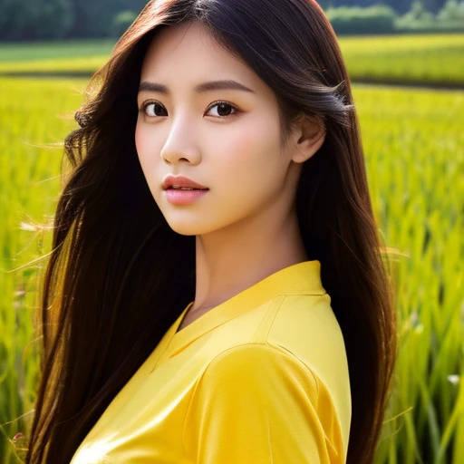 Frontal photo of Araffe woman, 25 30 years old, Wear a dark yellow shirt., Wear a bright yellow shirt., Looking straight at you intently, ponytail, Long hair floats up, Long-haired woman with a round face, Red cheeksแดงอมชมพู, black eyes ตาสองชั้น, black eyes, Thai anime, Has a large chest size of 38 inches., (digital painting, HDR, high contrast), (Highest quality),(Masterpiece:1.3),(sharp focus:1.22), glowing face, (Red cheeks:1.6:), outdoor, The background is a rice field., There is an old thatched Thai-style hut in the background., The evening sun shines, beautiful female model, jaw-dropping beauty, Attractive face and body