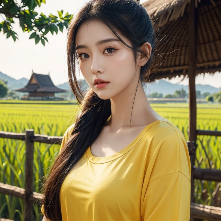 Frontal photo of Araffe woman, 25 30 years old, Wear a dark yellow shirt., Wear a bright yellow shirt., Looking straight at you intently, ponytail, Long hair floats up, Long-haired woman with a round face, Red cheeksแดงอมชมพู, black eyes ตาสองชั้น, black eyes, Thai anime, Has a large chest size of 38 inches., (digital painting, HDR, high contrast), (Highest quality),(Masterpiece:1.3),(sharp focus:1.22), glowing face, (Red cheeks:1.6:), outdoor, The background is a rice field., There is an old thatched Thai-style hut in the background., The evening sun shines, beautiful female model, jaw-dropping beauty, Attractive face and body