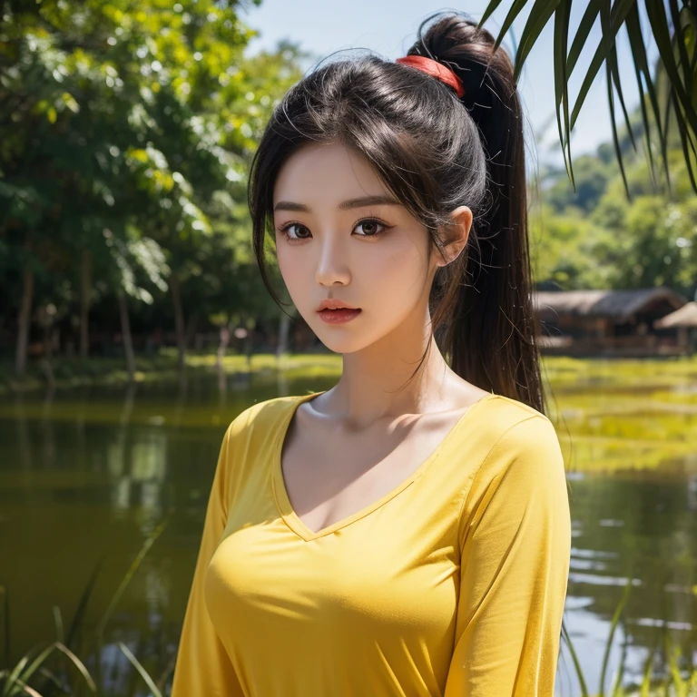 Frontal photo of Araffe woman, 25 30 years old, Wear a dark yellow shirt., Wear a bright yellow shirt., Looking straight at you intently, ponytail, Long hair floats up, Long-haired woman with a round face, Red cheeksแดงอมชมพู, black eyes ตาสองชั้น, black eyes, Thai anime, Has a large chest size of 38 inches., (digital painting, HDR, high contrast), (Highest quality),(Masterpiece:1.3),(sharp focus:1.22), glowing face, (Red cheeks:1.6:), outdoor, The background is a rice field., There is an old thatched Thai-style hut in the background., The evening sun shines, beautiful female model, jaw-dropping beauty, Attractive face and body