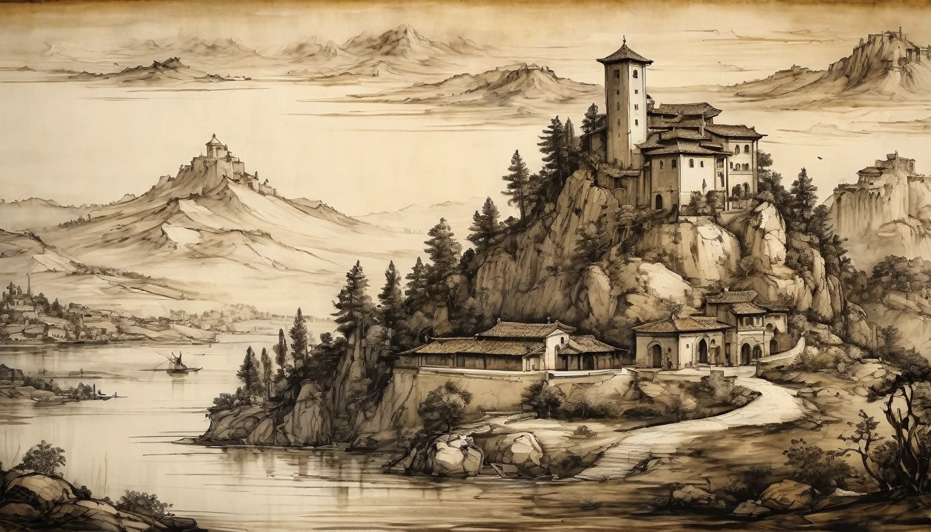 el legado de leonardo da vinci, landscape, ink painting, 