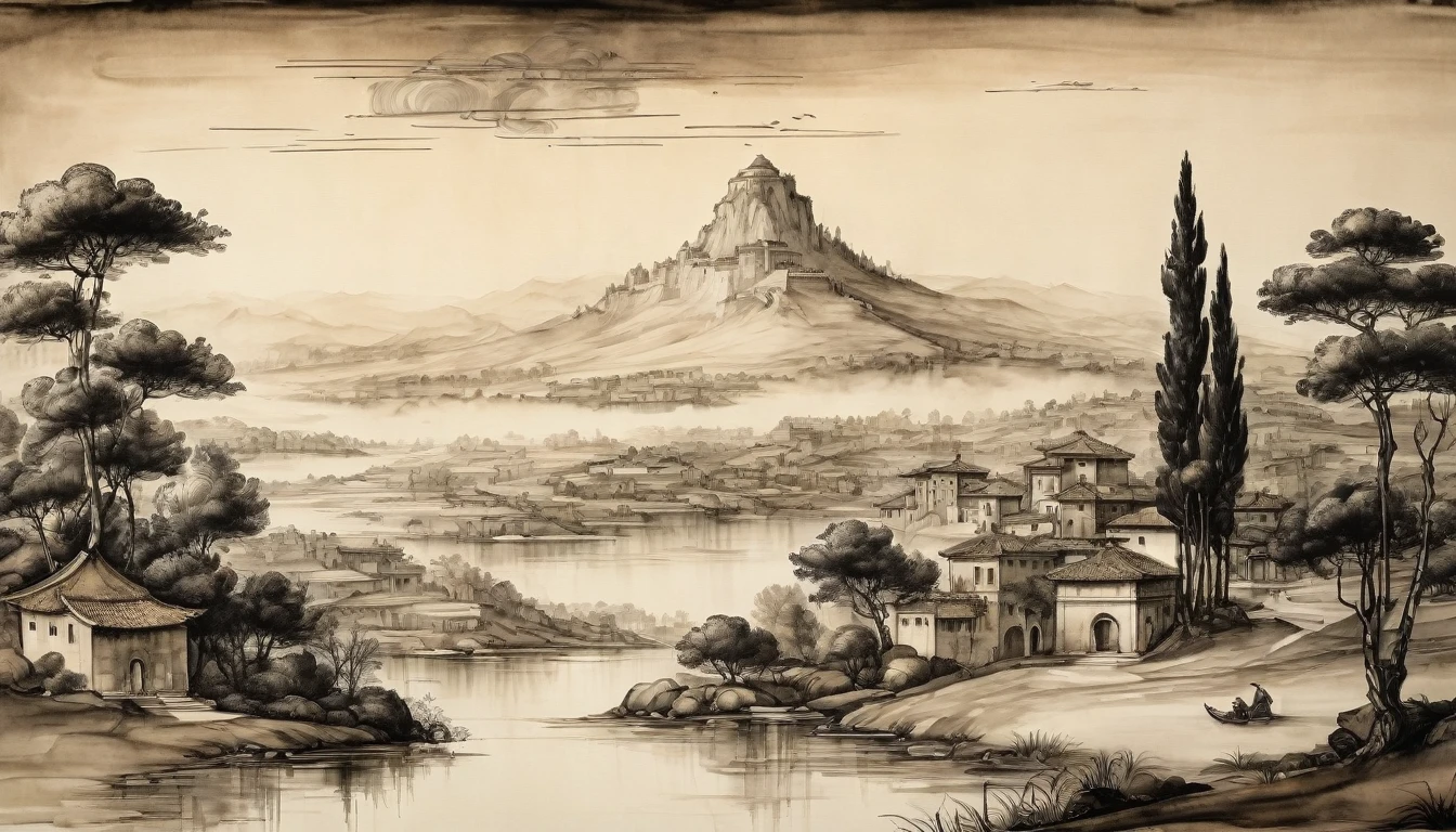 el legado de leonardo da vinci, landscape, ink painting,