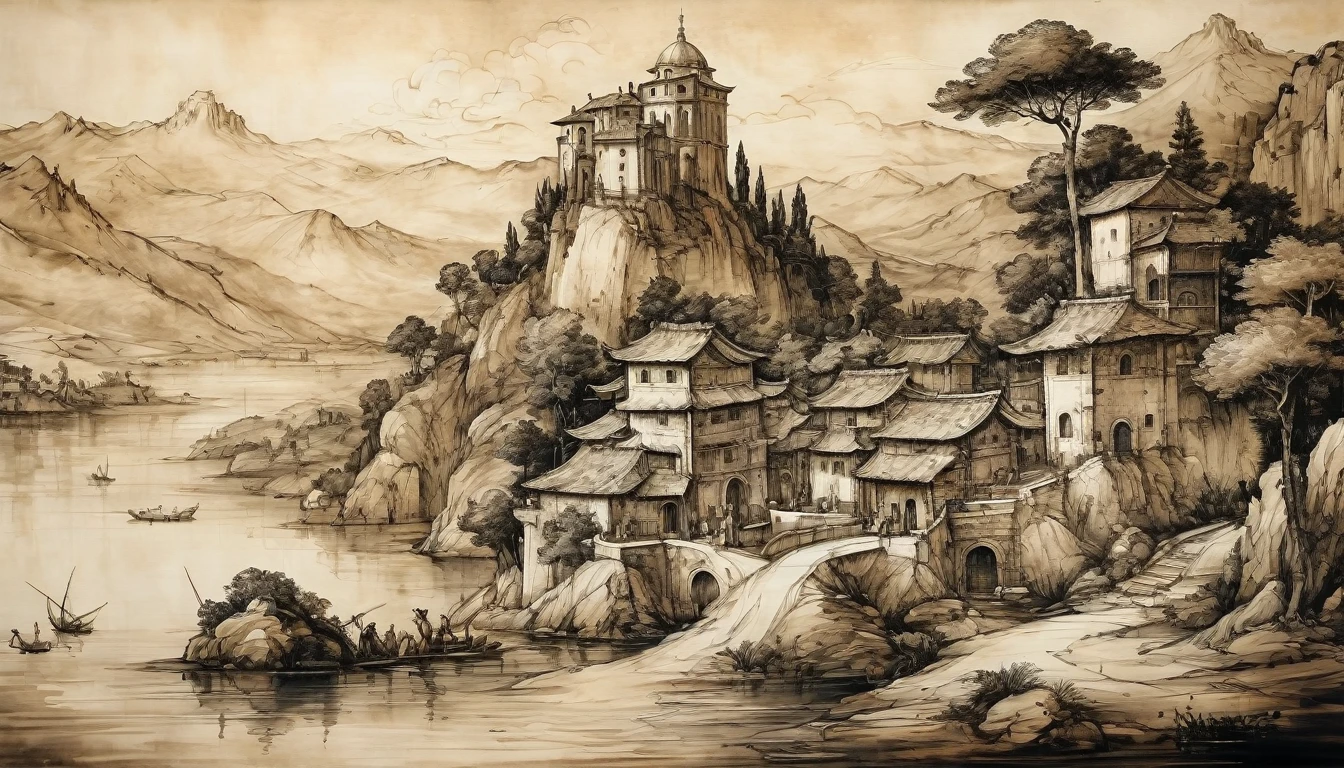 el legado de leonardo da vinci, landscape, ink painting, 