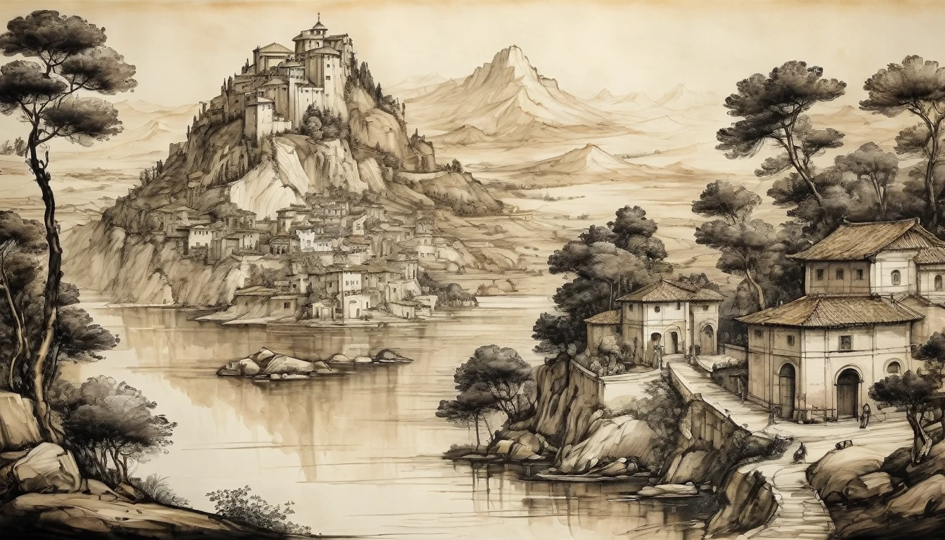 el legado de leonardo da vinci, landscape, ink painting,
