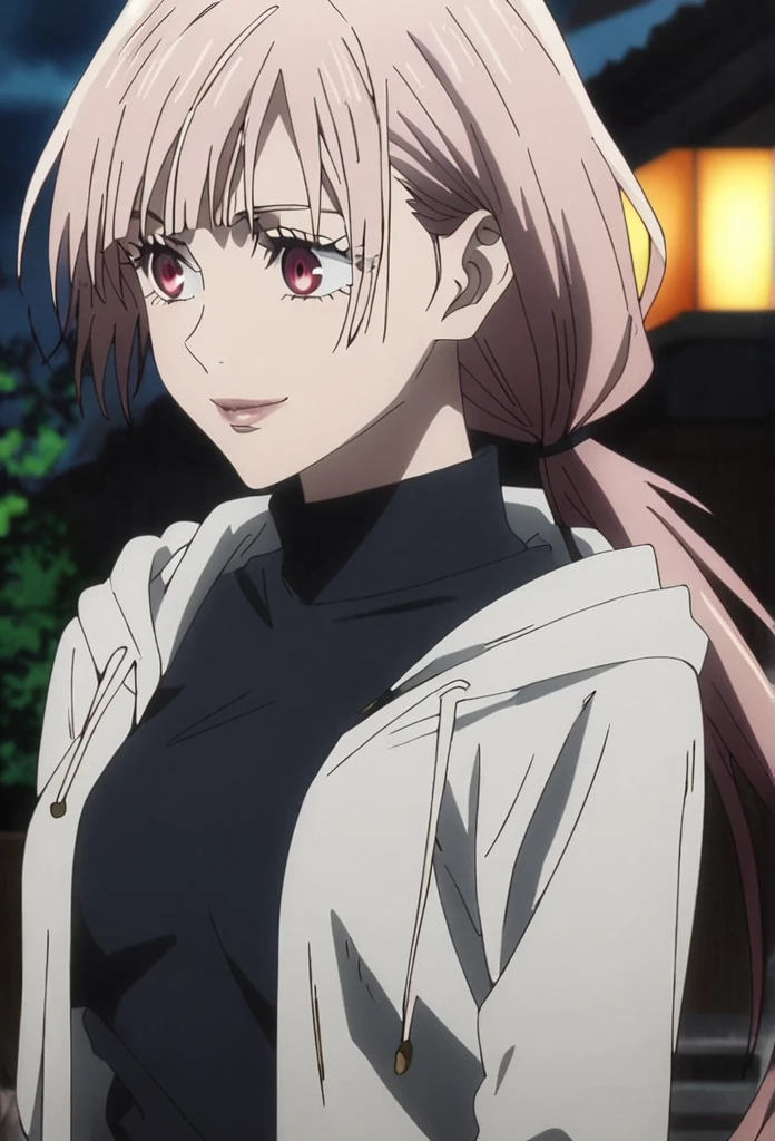 1girl, female gojo satoru, anime screencap from jujutsu kaisen, gojo satoru female version, solo, very long_hair, ((smooth texture hair)) ((red eyes)), ((low ponytail, silver_hair)) night view, breasts, upper_body, smile, bangs, lips ((low ponytail)) wearing black color sweater, breast, "very detailed and high resolution" (red eyes)  ((smooth texture hair)) ((solo)) ((high resolution)) ((upper body)) (Good quality) ,  ((silver hair colour))