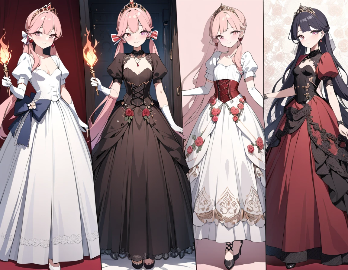 ((Highest quality)), ((masterpiece)), (detailed), (Perfect Face)、The woman is Lacus Clyne, with blue eyes, medium-long pink hair, a hair accessory, and an engagement ring. She is the beloved wife of Orpheus Ram Tao and the queen of the Foundation.、The woman is an evil queen wearing a black vintage wedding dress with gorgeous gold embroidery and trim, a black wedding veil, and gorgeous accessories.