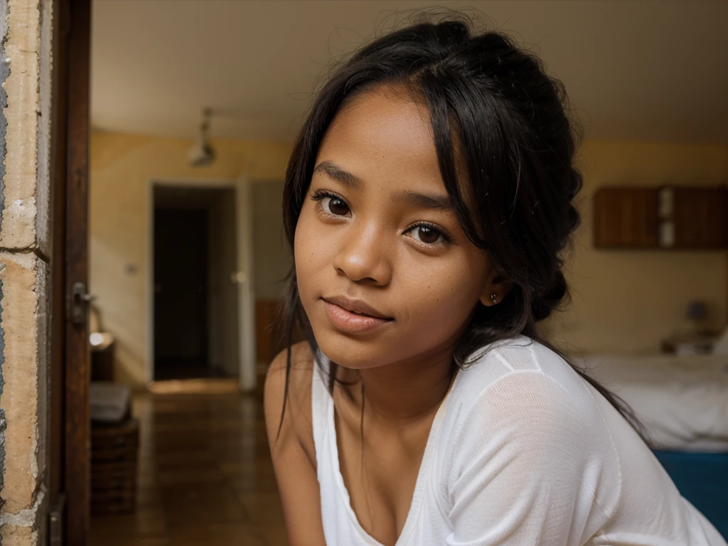 Une fille mignone, fille malagasy, nationalité malagasy, On dirait qu&#39; elle a environ 14 ans (cheveux long), Hauteur environ 140 cm, pas de culotte, pas de short, poitrine nue avec sein, Poitrine d'une fille, sein d'une fille, Corps mince, amazone arrière plan, cheveux noirs, globe oculaire, surréalisme, Flou, Éclairage de cinéma, bokeh, Très détaillé, anatomiquement correct, précis, Prix, 16k 、Les corps son nue、corps réaliste、anatomiquement correct